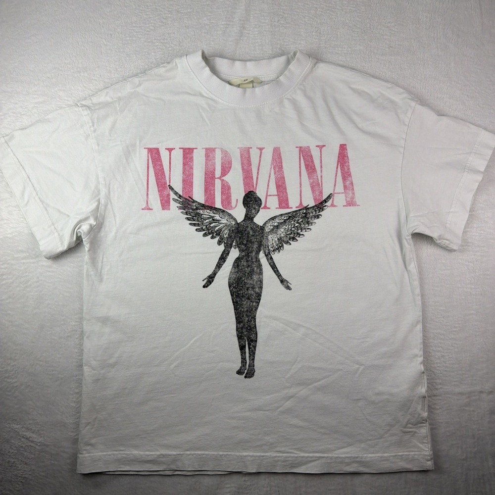 Men's Nirvana White H&M Band Album Front Cover T Shirt Size Medium
